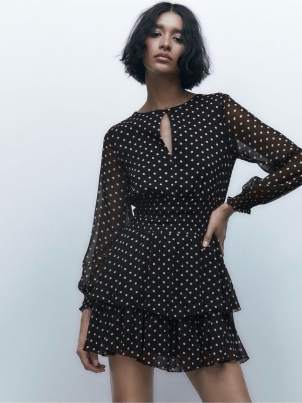 Zara Black Polka Dot Long Sleeve Tiered Mini Dress
